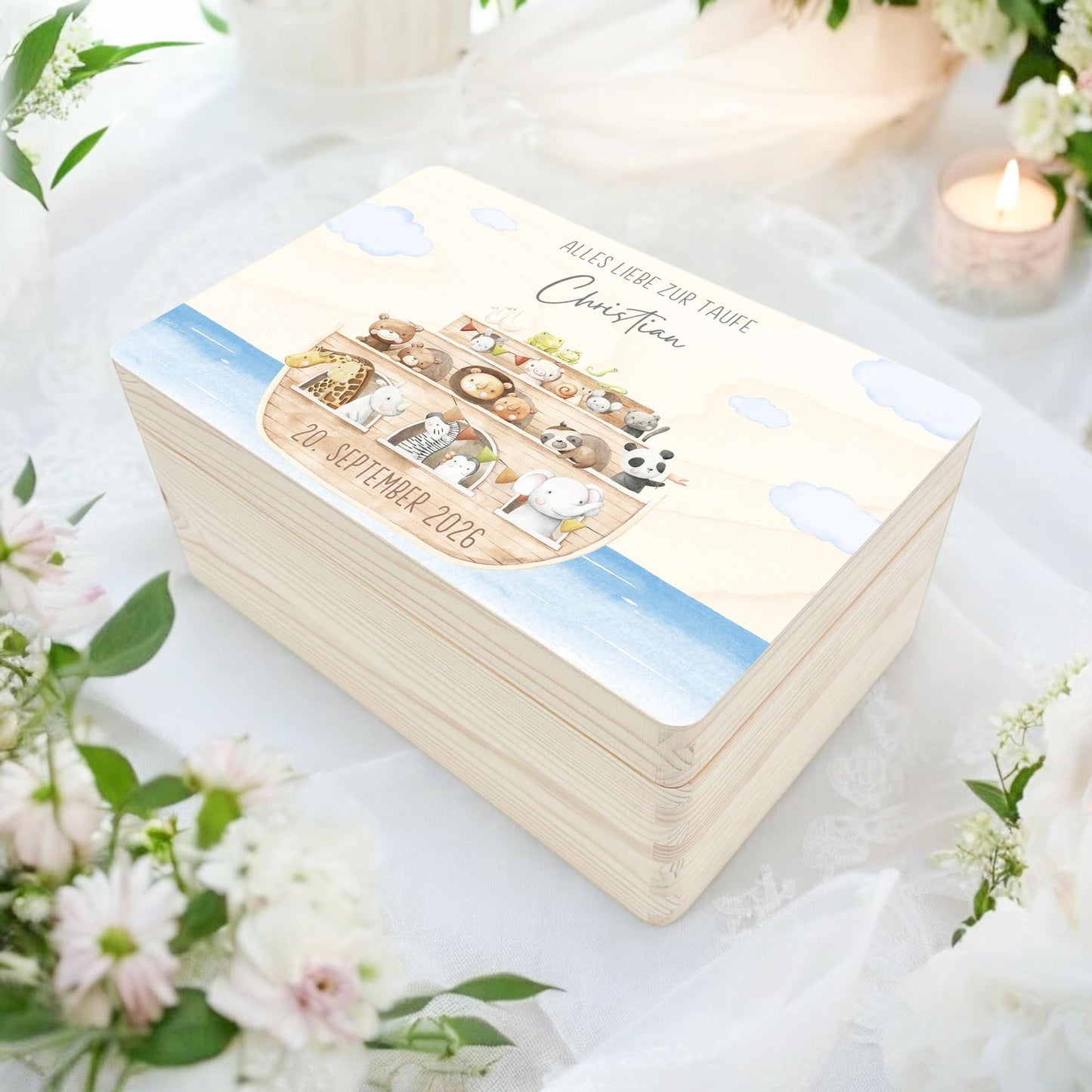 Erinnerungskiste Taufe Geschenk personalisiertes Taufgeschenk Junge Mädchen Arche Noah Taufbox Holzkiste mit Deckel Holzbox 30x20x13 cm