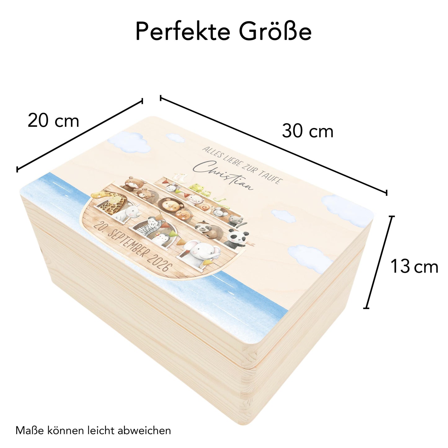 Erinnerungskiste Taufe Geschenk personalisiertes Taufgeschenk Junge Mädchen Arche Noah Taufbox Holzkiste mit Deckel Holzbox 30x20x13 cm