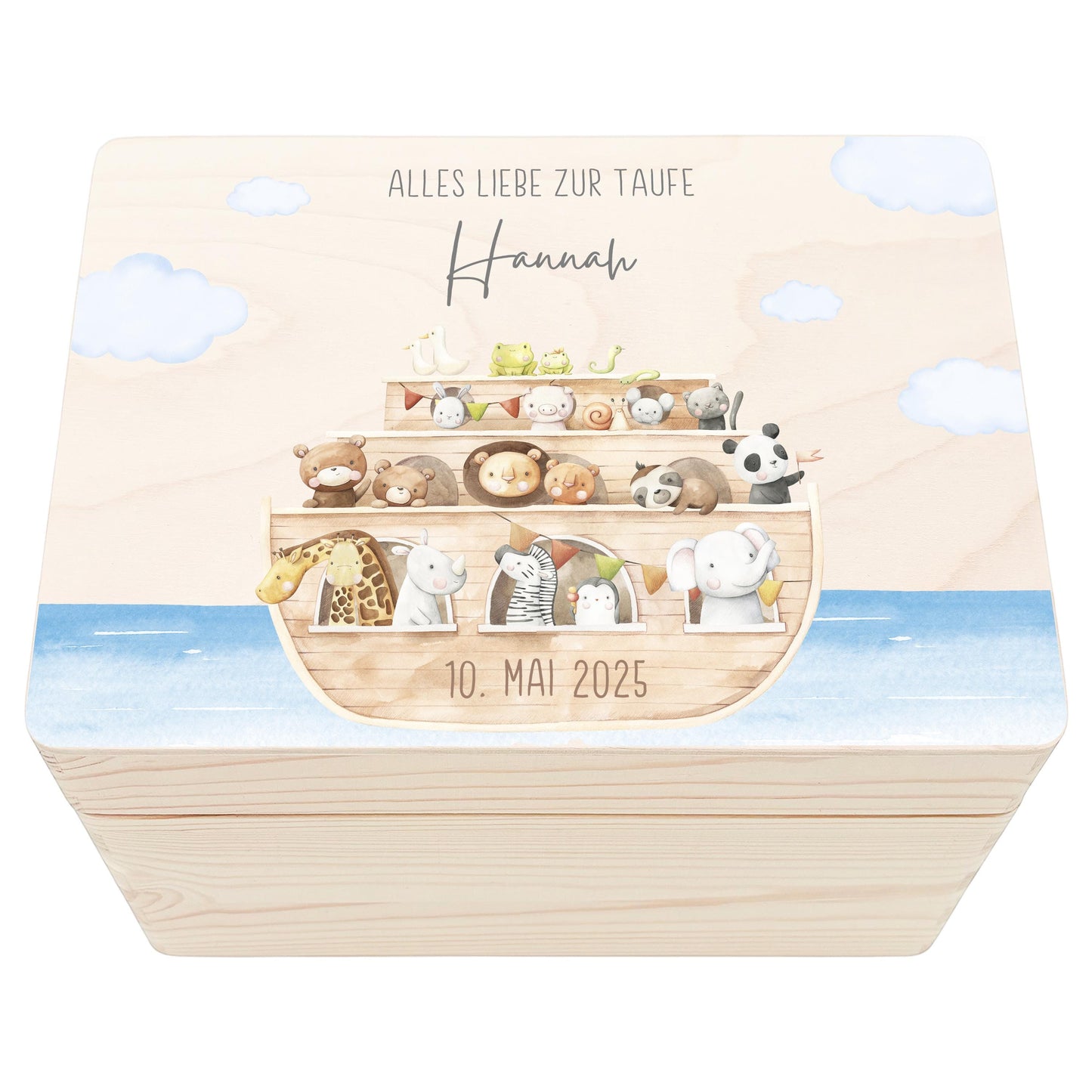 Erinnerungskiste Taufe Geschenk personalisiertes Taufgeschenk Junge Mädchen Arche Noah Taufbox Holzkiste mit Deckel Holzbox 30x20x13 cm