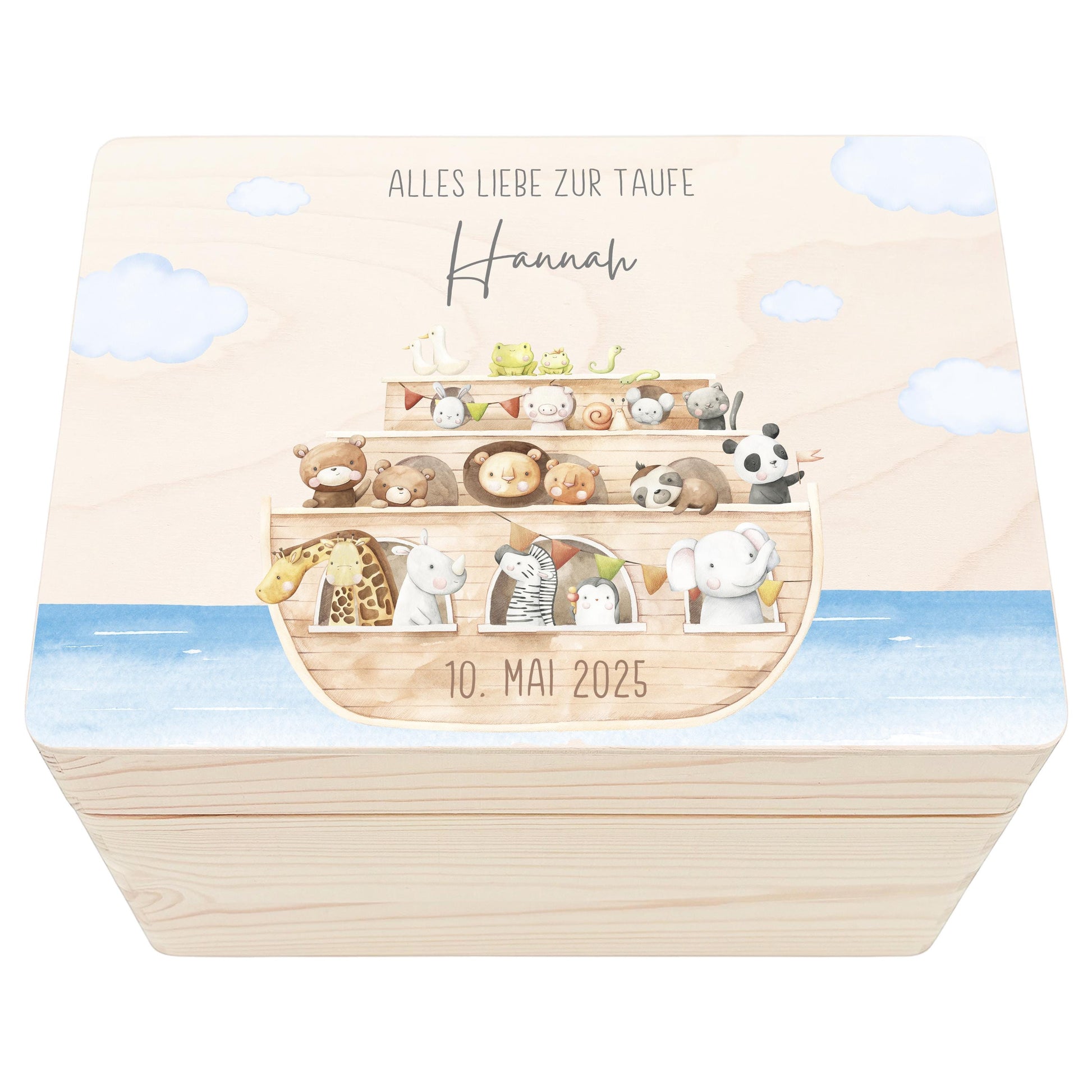 Erinnerungskiste Taufe Geschenk personalisiertes Taufgeschenk Junge Mädchen Arche Noah Taufbox Holzkiste mit Deckel Holzbox 30x20x13 cm