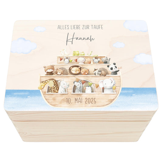 Erinnerungskiste Taufe Geschenk personalisiertes Taufgeschenk Junge Mädchen Arche Noah Taufbox Holzkiste mit Deckel Holzbox 30x20x13 cm