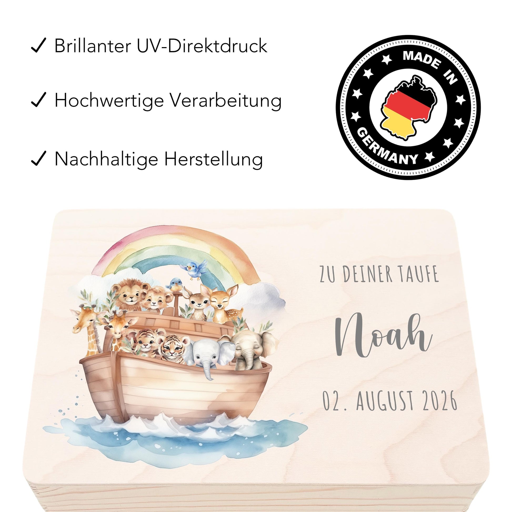 Taufgeschenk Junge Mädchen Erinnerungskiste Taufe Geschenk personalisierte Arche Noah Taufbox Holzkiste mit Deckel Holzbox 30x20x13 cm