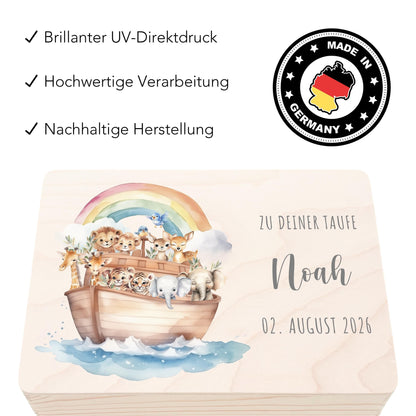 Taufgeschenk Junge Mädchen Erinnerungskiste Taufe Geschenk personalisierte Arche Noah Taufbox Holzkiste mit Deckel Holzbox 30x20x13 cm