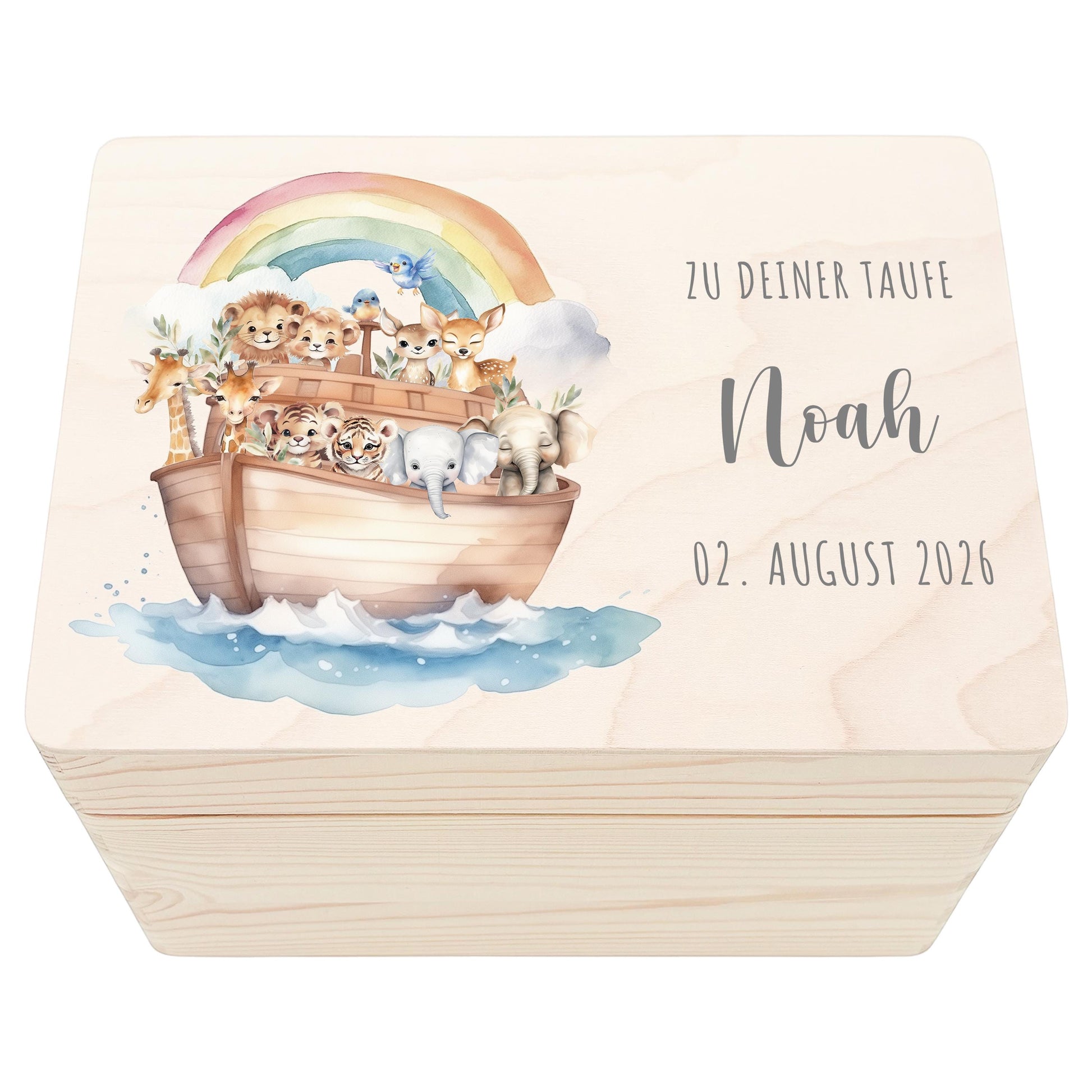 Taufgeschenk Junge Mädchen Erinnerungskiste Taufe Geschenk personalisierte Arche Noah Taufbox Holzkiste mit Deckel Holzbox 30x20x13 cm