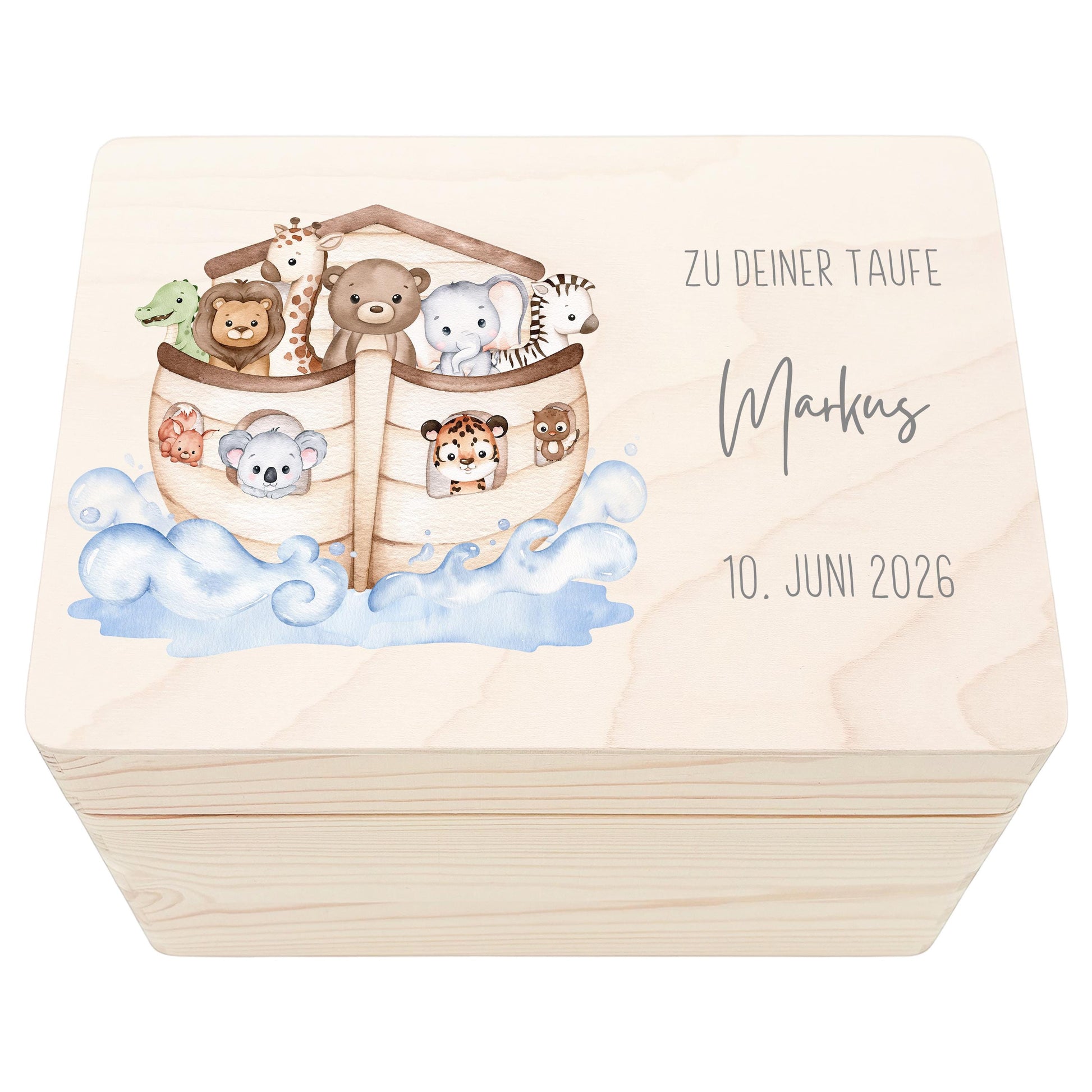 Erinnerungskiste Taufe Geschenk personalisierte Taufbox Taufgeschenk Junge Mädchen Arche Noah Holzkiste mit Deckel Holzbox 30x20x13 cm