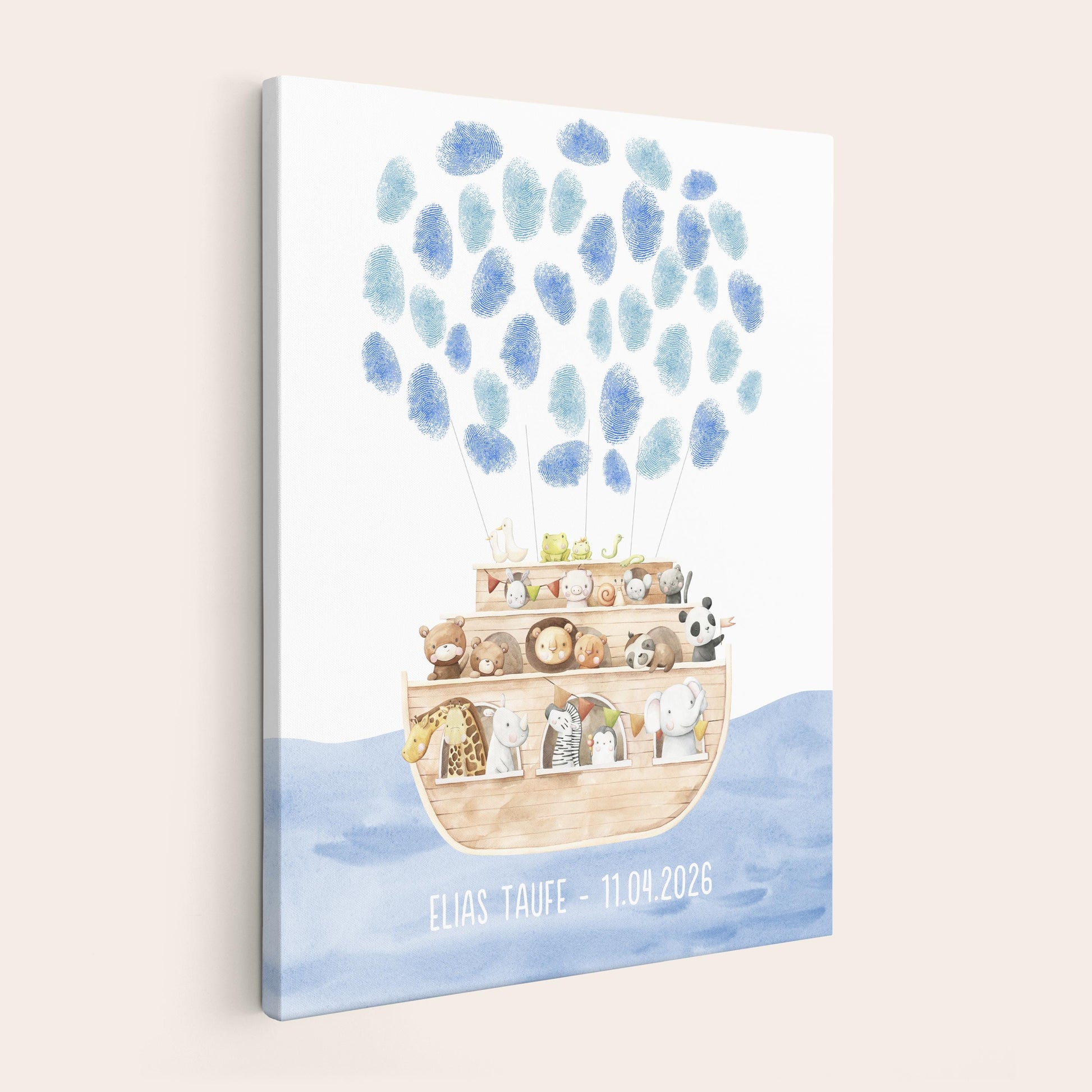Gästebuch Taufe Gästebild Taufgeschenk personalisierte Leinwand für Fingerabdrücke Arche Noah Geschenk Erinnerung 30x40 cm (OHNE Farbe)