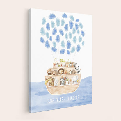 Gästebuch Taufe Gästebild Taufgeschenk personalisierte Leinwand für Fingerabdrücke Arche Noah Geschenk Erinnerung 30x40 cm (OHNE Farbe)