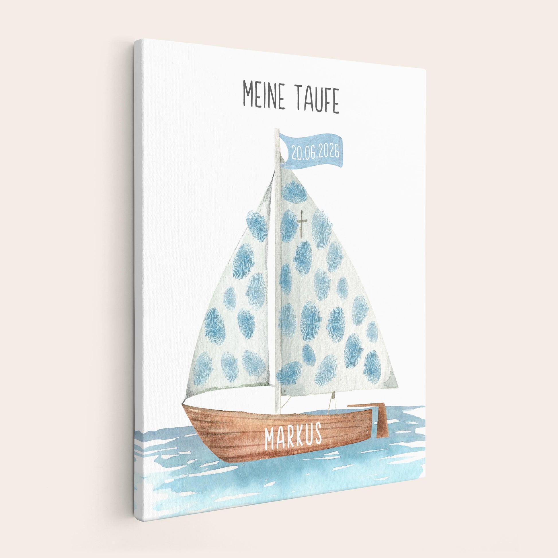 Taufgeschenk Gästebuch Taufe Gästebild personalisierte Leinwand für Fingerabdrücke Segelboot Geschenk Erinnerung 30x40 cm (OHNE Farbe)