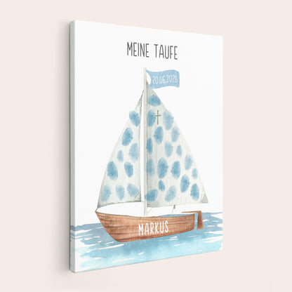 Taufgeschenk Gästebuch Taufe Gästebild personalisierte Leinwand für Fingerabdrücke Segelboot Geschenk Erinnerung 30x40 cm (OHNE Farbe)