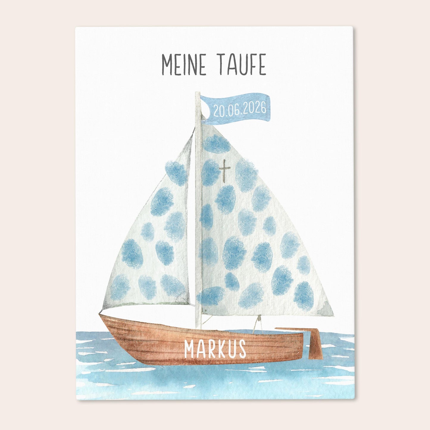 Taufgeschenk Gästebuch Taufe Gästebild personalisierte Leinwand für Fingerabdrücke Segelboot Geschenk Erinnerung 30x40 cm (OHNE Farbe)