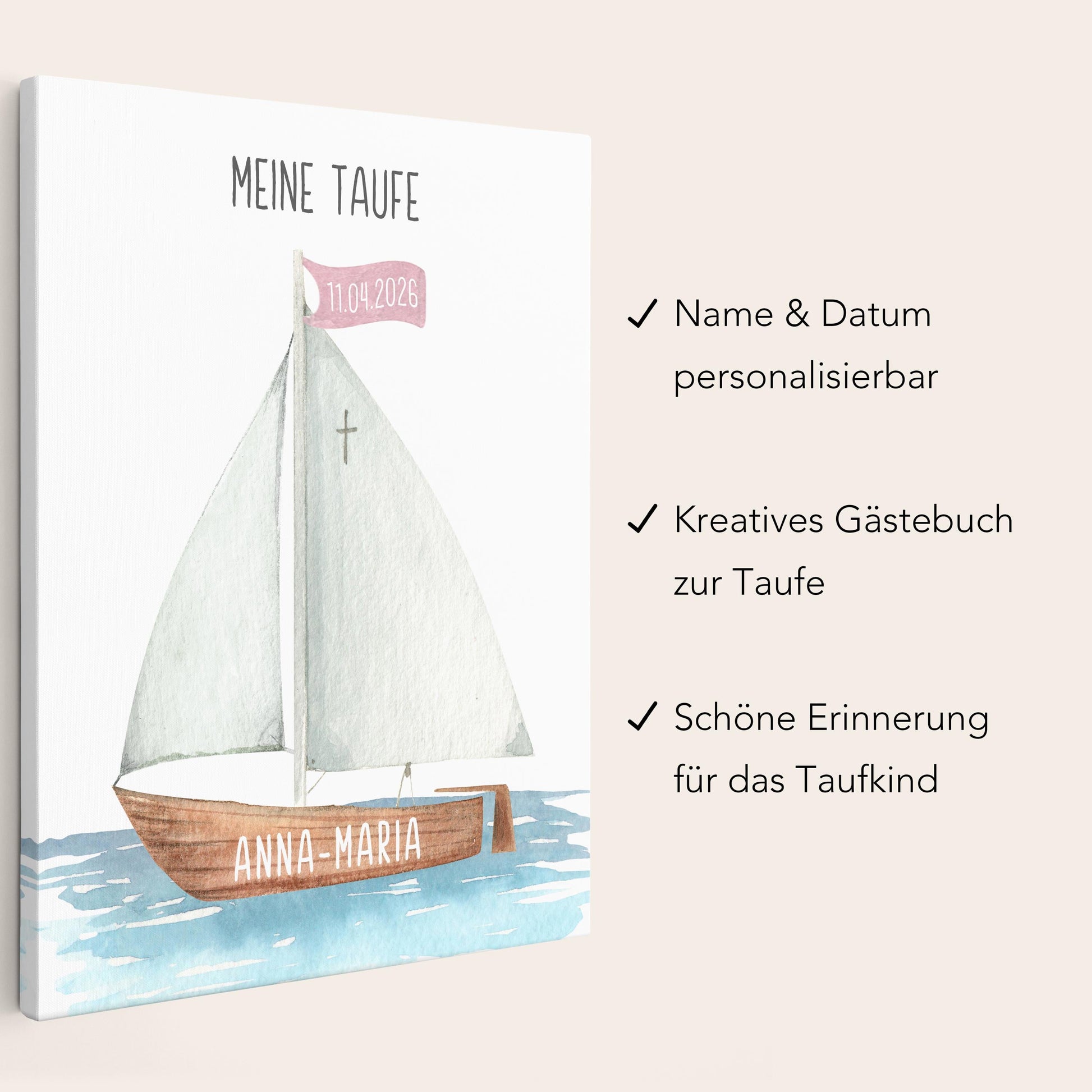 Taufgeschenk Gästebuch Taufe Gästebild personalisierte Leinwand für Fingerabdrücke Segelboot Geschenk Erinnerung 30x40 cm (OHNE Farbe)