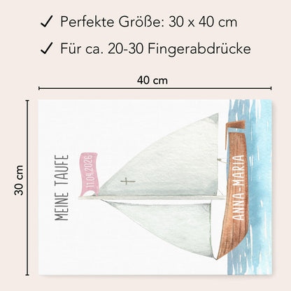 Taufgeschenk Gästebuch Taufe Gästebild personalisierte Leinwand für Fingerabdrücke Segelboot Geschenk Erinnerung 30x40 cm (OHNE Farbe)