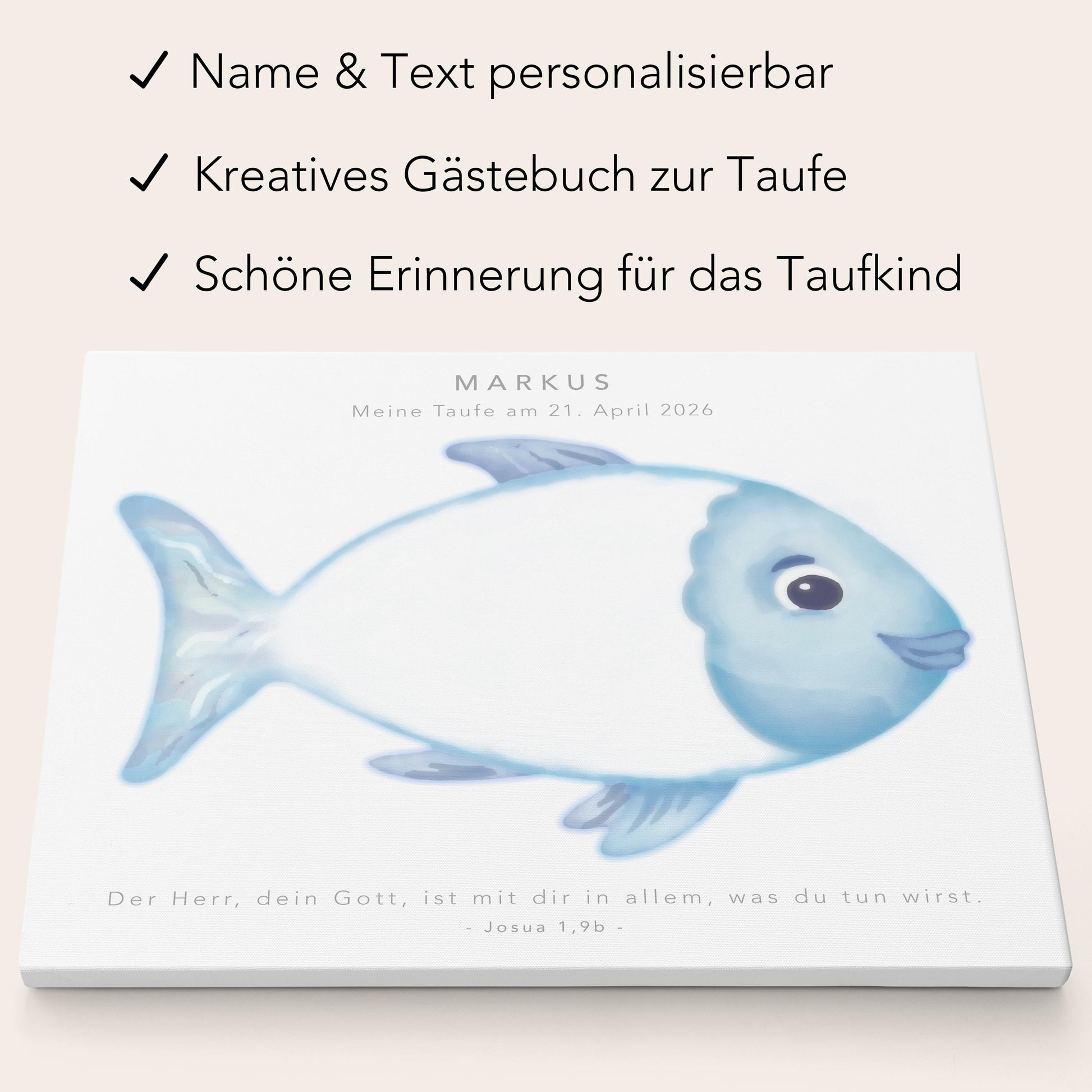 Gästebuch Taufe Gästebild Taufgeschenk personalisierte Leinwand für Fingerabdrücke Fisch Geschenk Erinnerung 30x40 cm (OHNE Farbe)