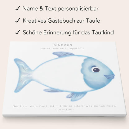 Gästebuch Taufe Gästebild Taufgeschenk personalisierte Leinwand für Fingerabdrücke Fisch Geschenk Erinnerung 30x40 cm (OHNE Farbe)