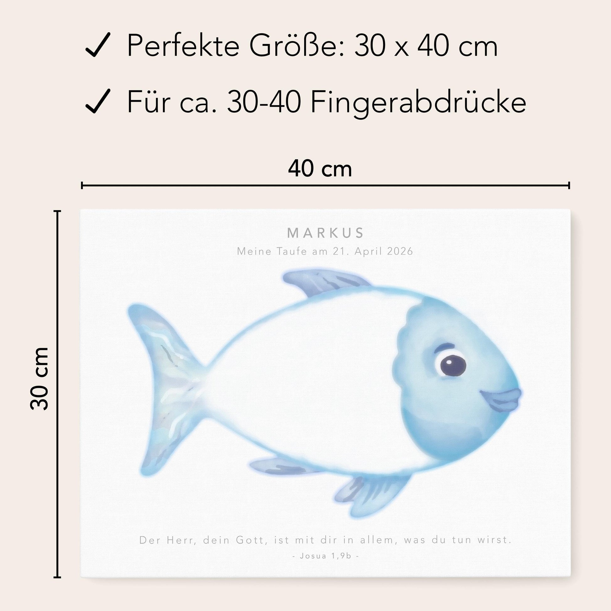 Gästebuch Taufe Gästebild Taufgeschenk personalisierte Leinwand für Fingerabdrücke Fisch Geschenk Erinnerung 30x40 cm (OHNE Farbe)