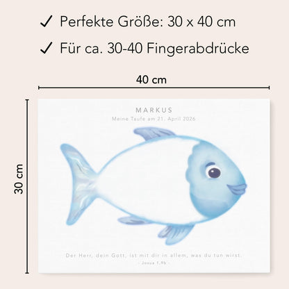 Gästebuch Taufe Gästebild Taufgeschenk personalisierte Leinwand für Fingerabdrücke Fisch Geschenk Erinnerung 30x40 cm (OHNE Farbe)