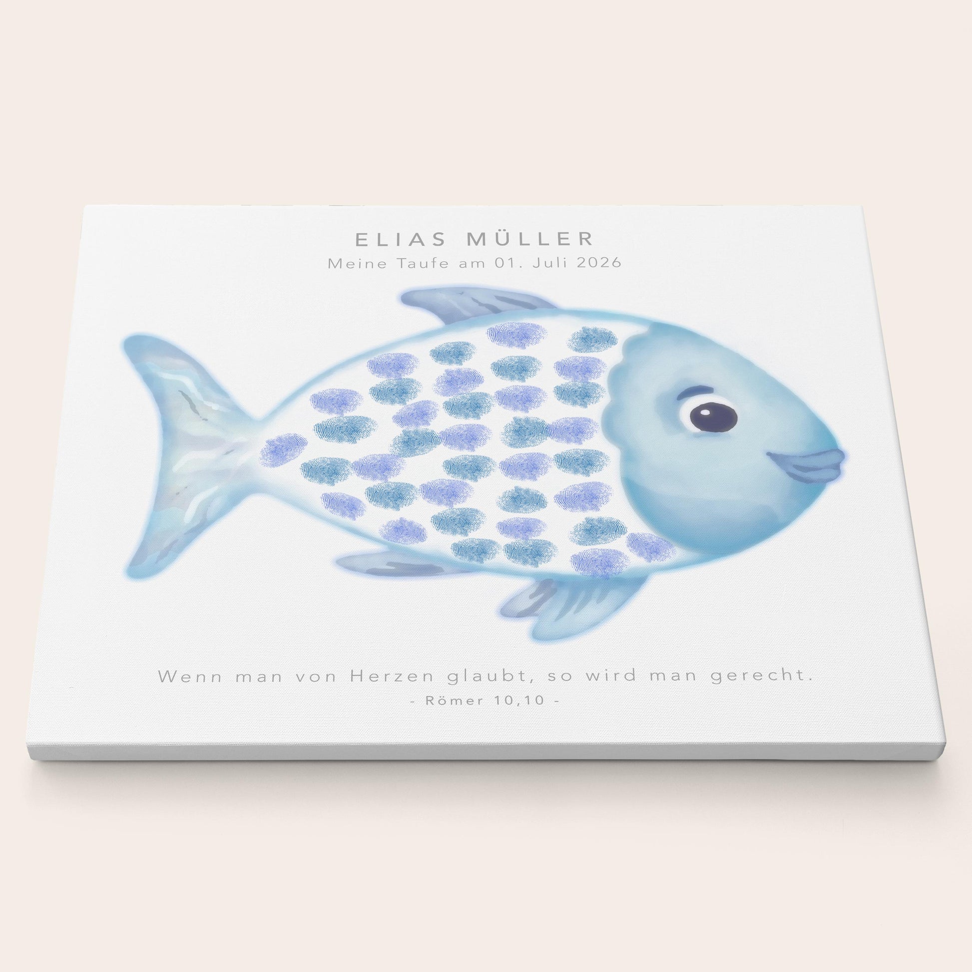 Gästebuch Taufe Gästebild Taufgeschenk personalisierte Leinwand für Fingerabdrücke Fisch Geschenk Erinnerung 30x40 cm (OHNE Farbe)
