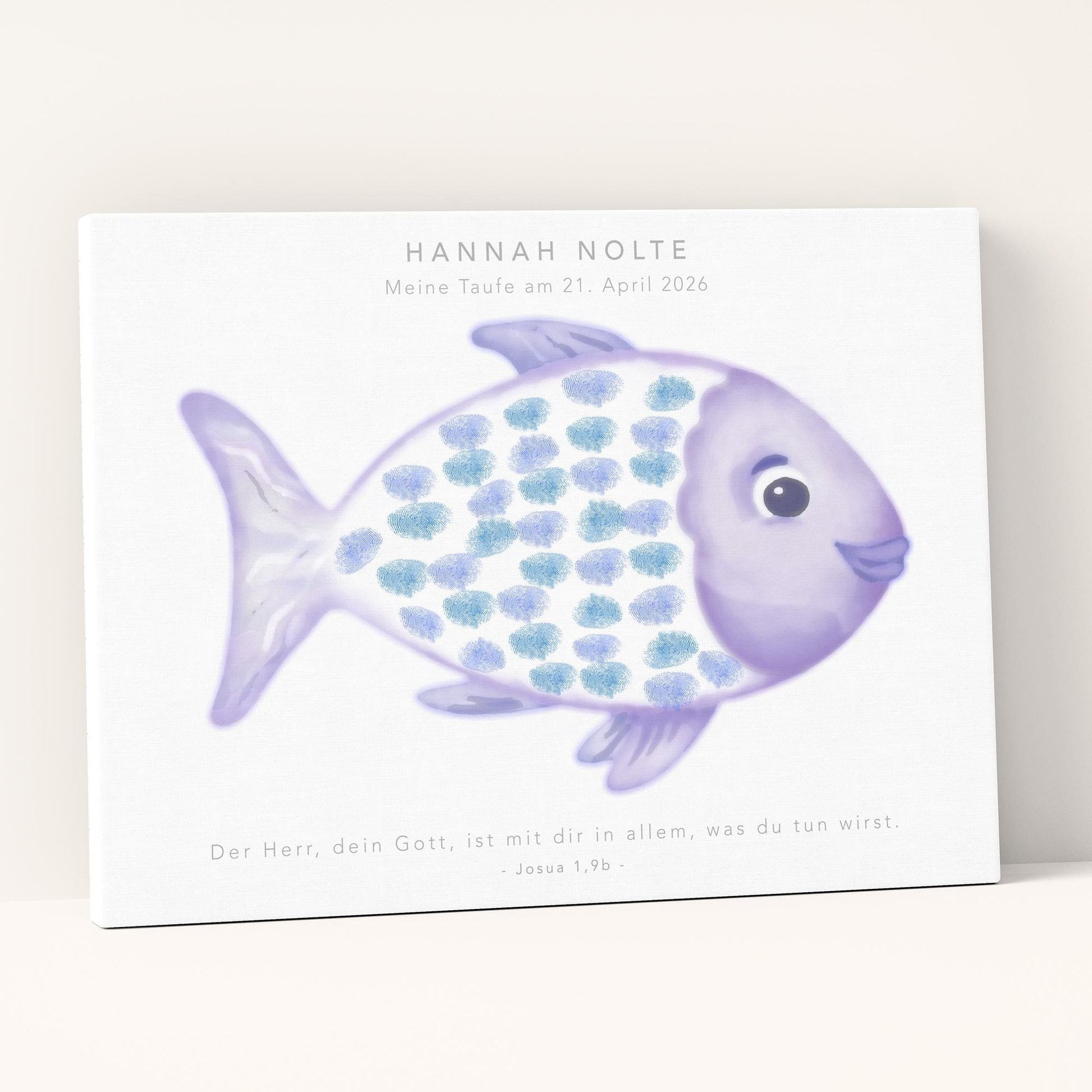Gästebuch Taufe Gästebild Taufgeschenk personalisierte Leinwand für Fingerabdrücke Fisch Geschenk Erinnerung 30x40 cm (OHNE Farbe)