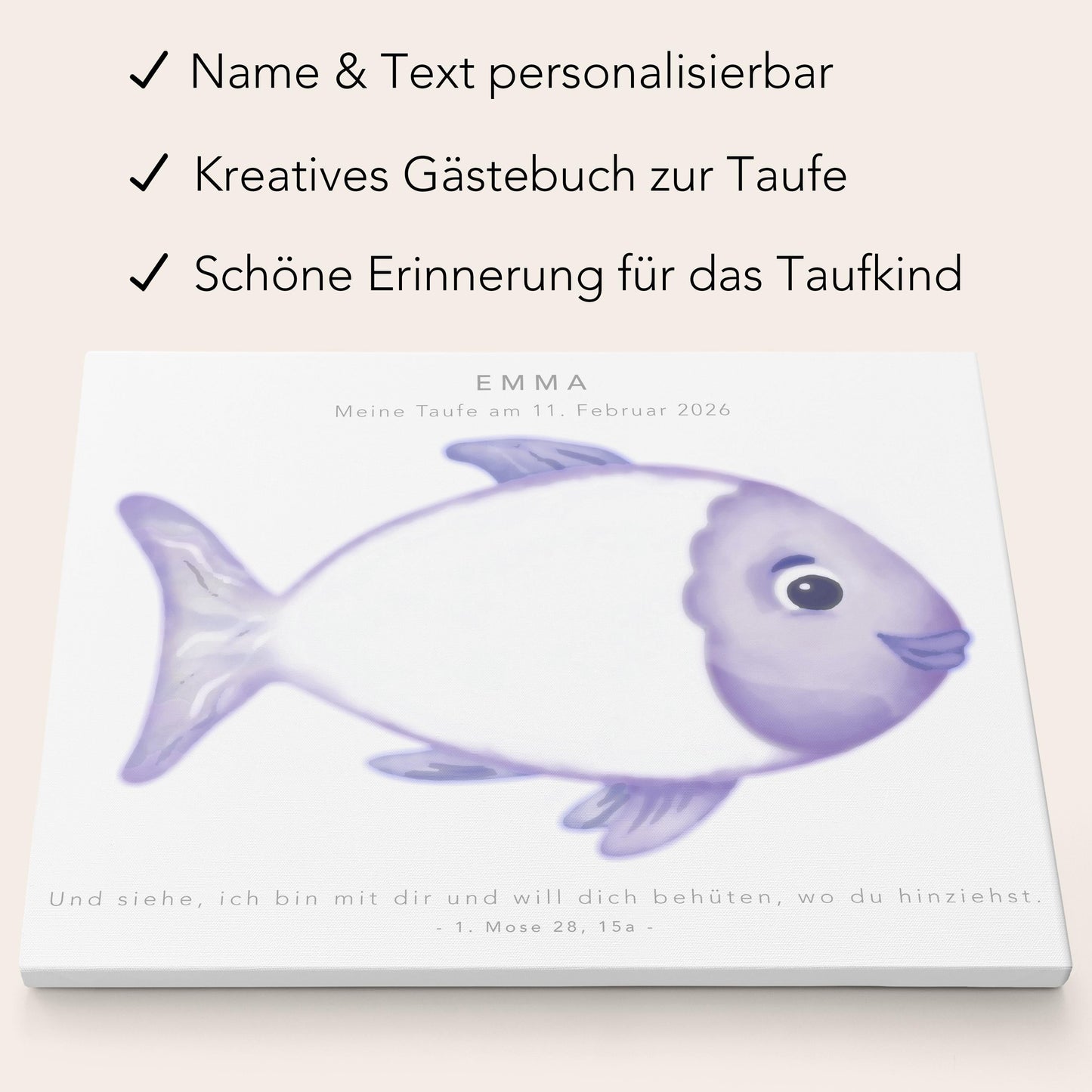 Gästebuch Taufe Gästebild Taufgeschenk personalisierte Leinwand für Fingerabdrücke Fisch Geschenk Erinnerung 30x40 cm (OHNE Farbe)