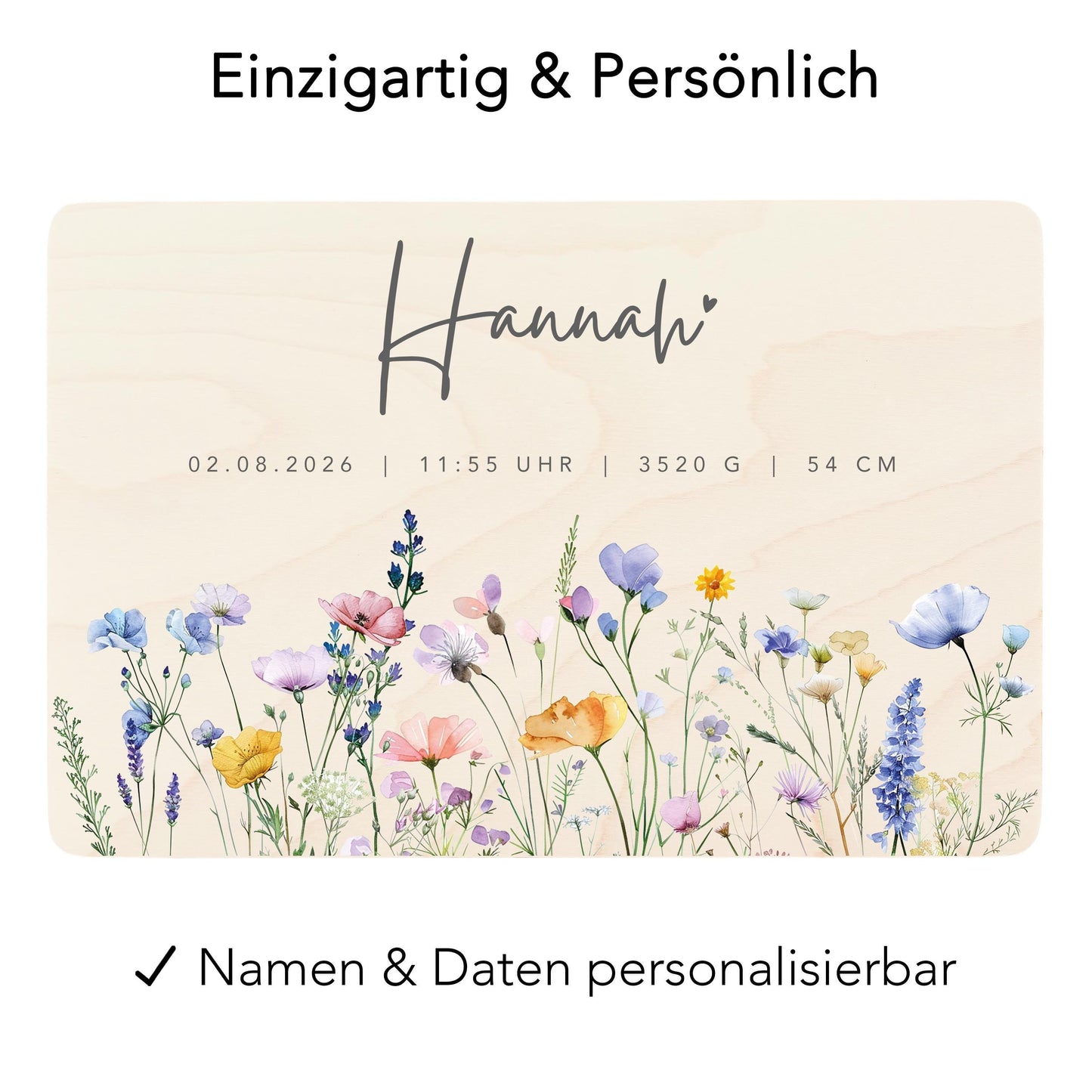 Erinnerungskiste Baby Mädchen Holzkiste personalisierte Erinnerungsbox Wildblumen Geschenk zur Geburt Geburtsgeschenk 30x20x13 cm