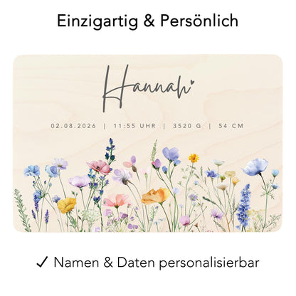Erinnerungskiste Baby Mädchen Holzkiste personalisierte Erinnerungsbox Wildblumen Geschenk zur Geburt Geburtsgeschenk 30x20x13 cm