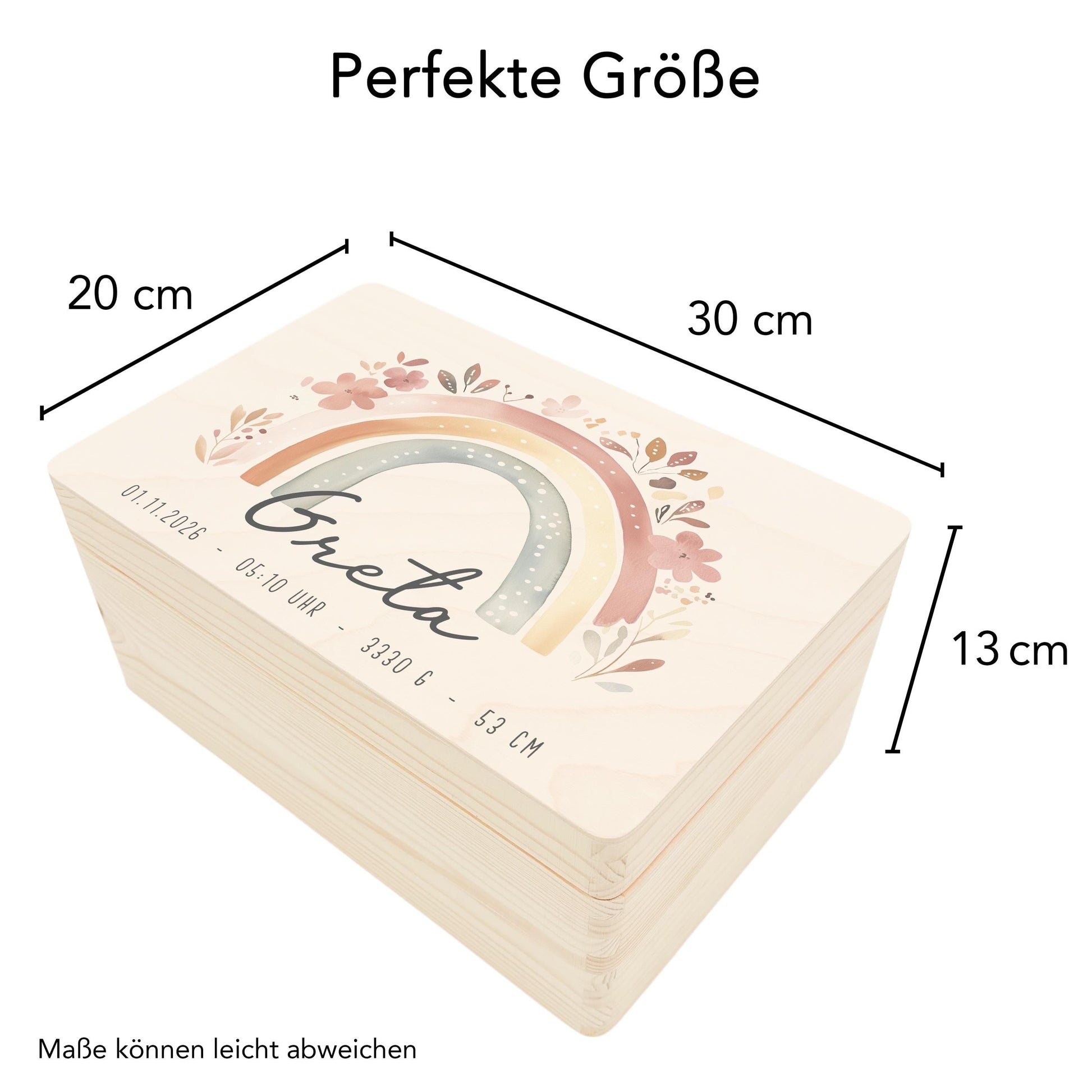 Erinnerungskiste Baby Mädchen Holzkiste personalisierte Erinnerungsbox Regenbogen Geschenk zur Geburt Geburtsgeschenk 30x20x13 cm