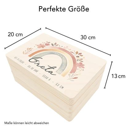 Erinnerungskiste Baby Mädchen Holzkiste personalisierte Erinnerungsbox Regenbogen Geschenk zur Geburt Geburtsgeschenk 30x20x13 cm