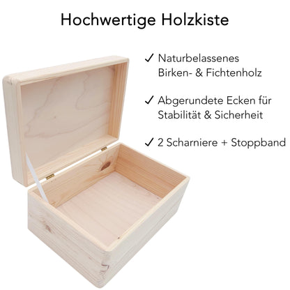 Erinnerungskiste Baby Mädchen Holzkiste personalisierte Erinnerungsbox Regenbogen Geschenk zur Geburt Geburtsgeschenk 30x20x13 cm