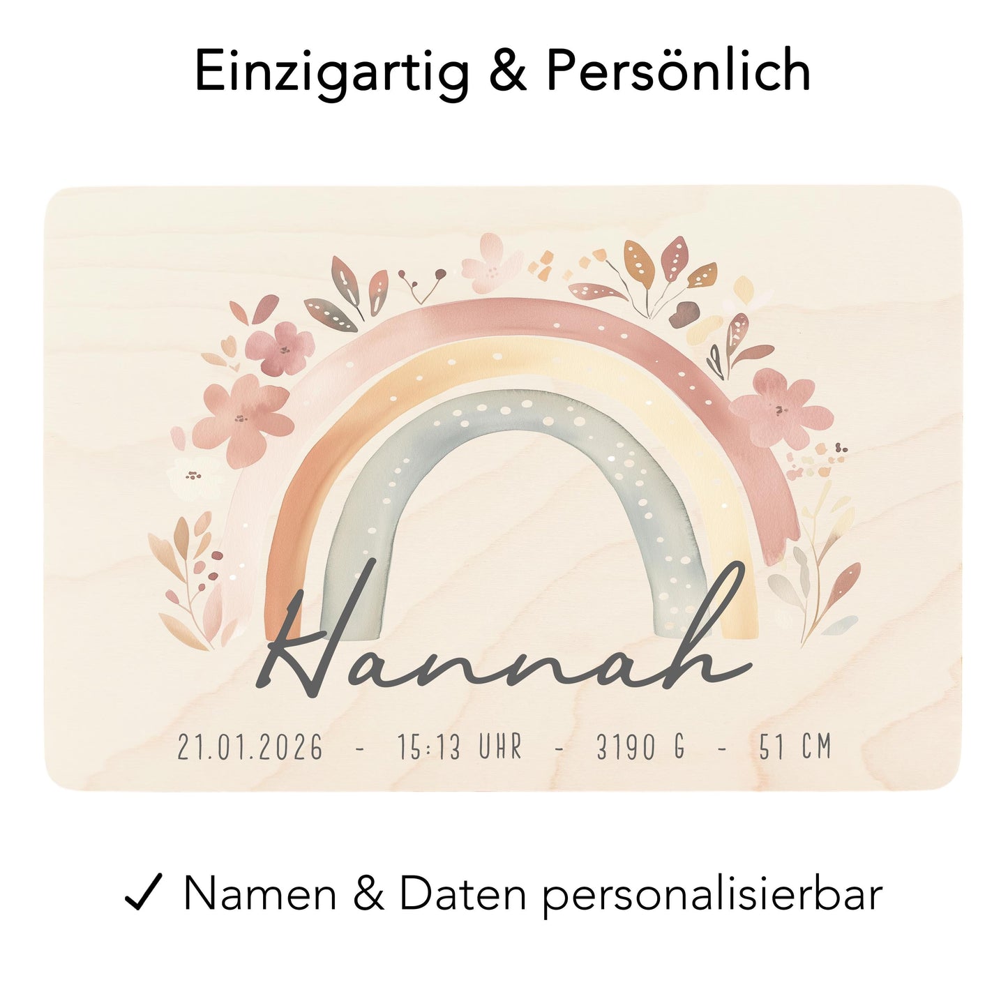 Erinnerungskiste Baby Mädchen Holzkiste personalisierte Erinnerungsbox Regenbogen Geschenk zur Geburt Geburtsgeschenk 30x20x13 cm