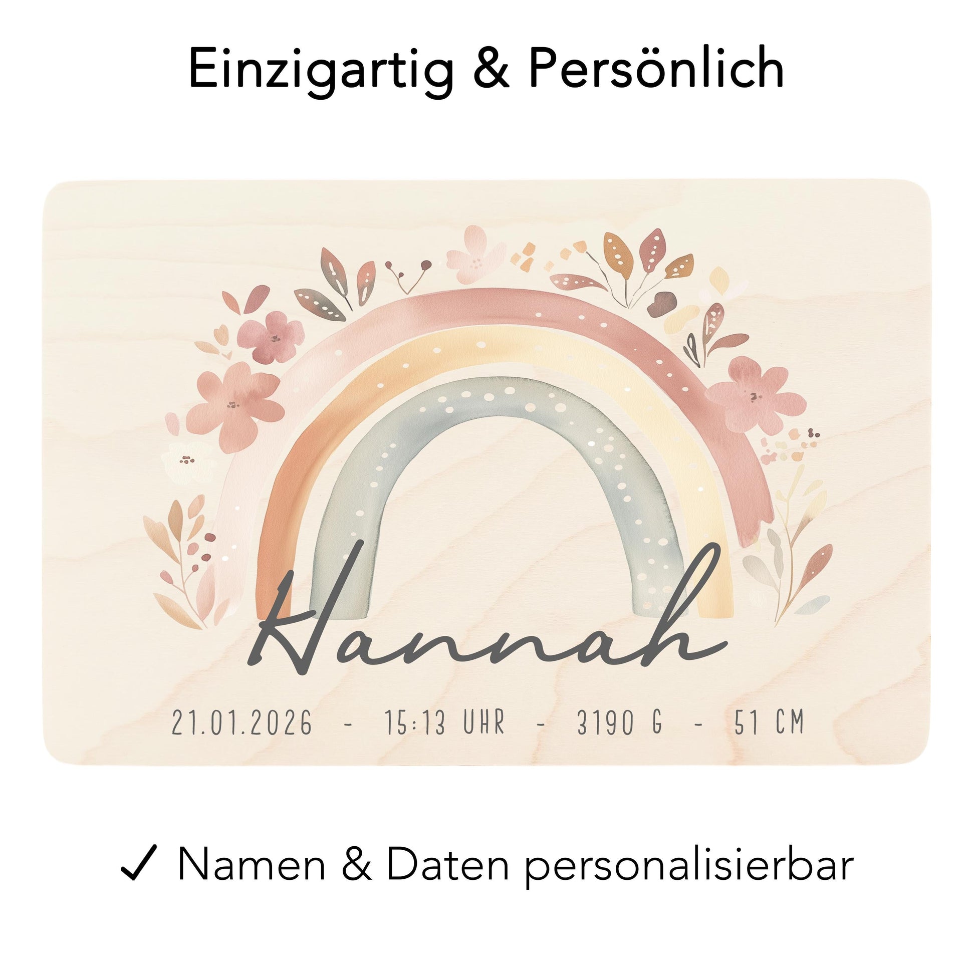 Erinnerungskiste Baby Mädchen Holzkiste personalisierte Erinnerungsbox Regenbogen Geschenk zur Geburt Geburtsgeschenk 30x20x13 cm