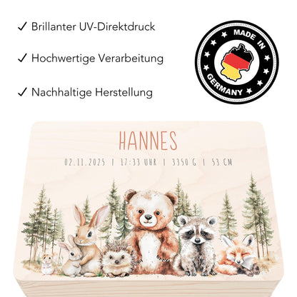 Erinnerungskiste Baby Holzkiste personalisierte Erinnerungsbox Waldtiere Mädchen Junge Geschenk Geburt Geburtsgeschenk 30x20x13 cm