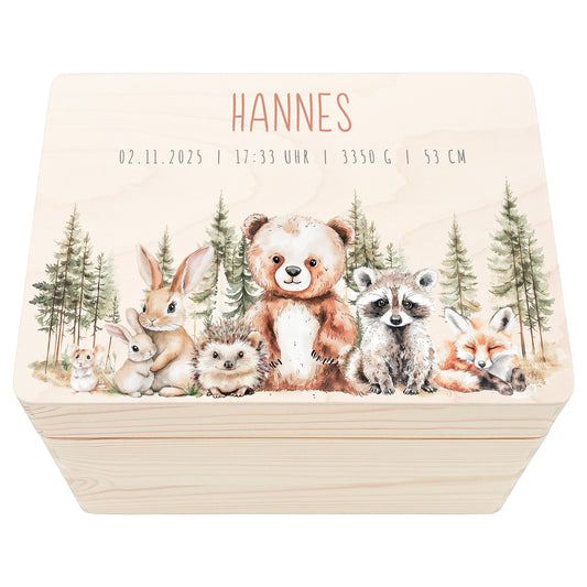 Erinnerungskiste Baby Holzkiste personalisierte Erinnerungsbox Waldtiere Mädchen Junge Geschenk Geburt Geburtsgeschenk 30x20x13 cm