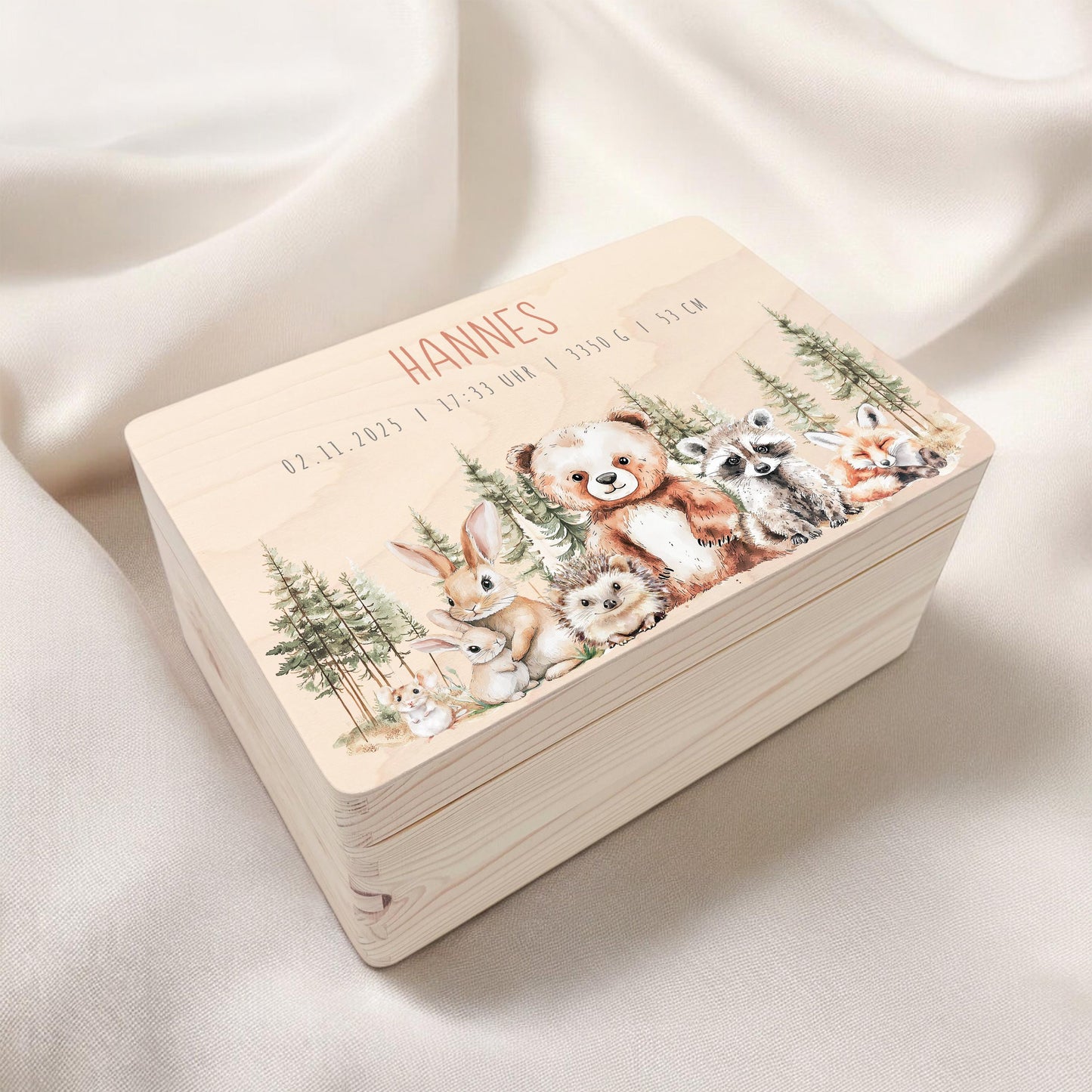 Erinnerungskiste Baby Holzkiste personalisierte Erinnerungsbox Waldtiere Mädchen Junge Geschenk Geburt Geburtsgeschenk 30x20x13 cm