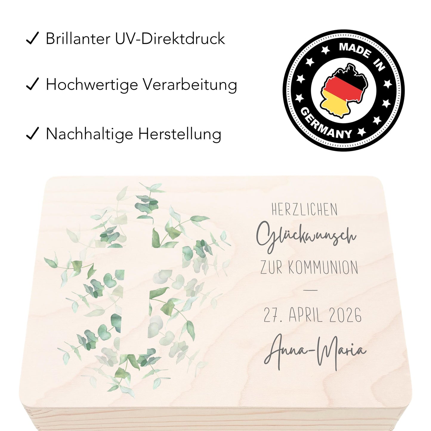 Erinnerungsbox Kommunion Erinnerungskiste Erstkommunion Mädchen Junge personalisierte Geschenk Holzkiste mit Deckel Holzbox 30x20x13 cm