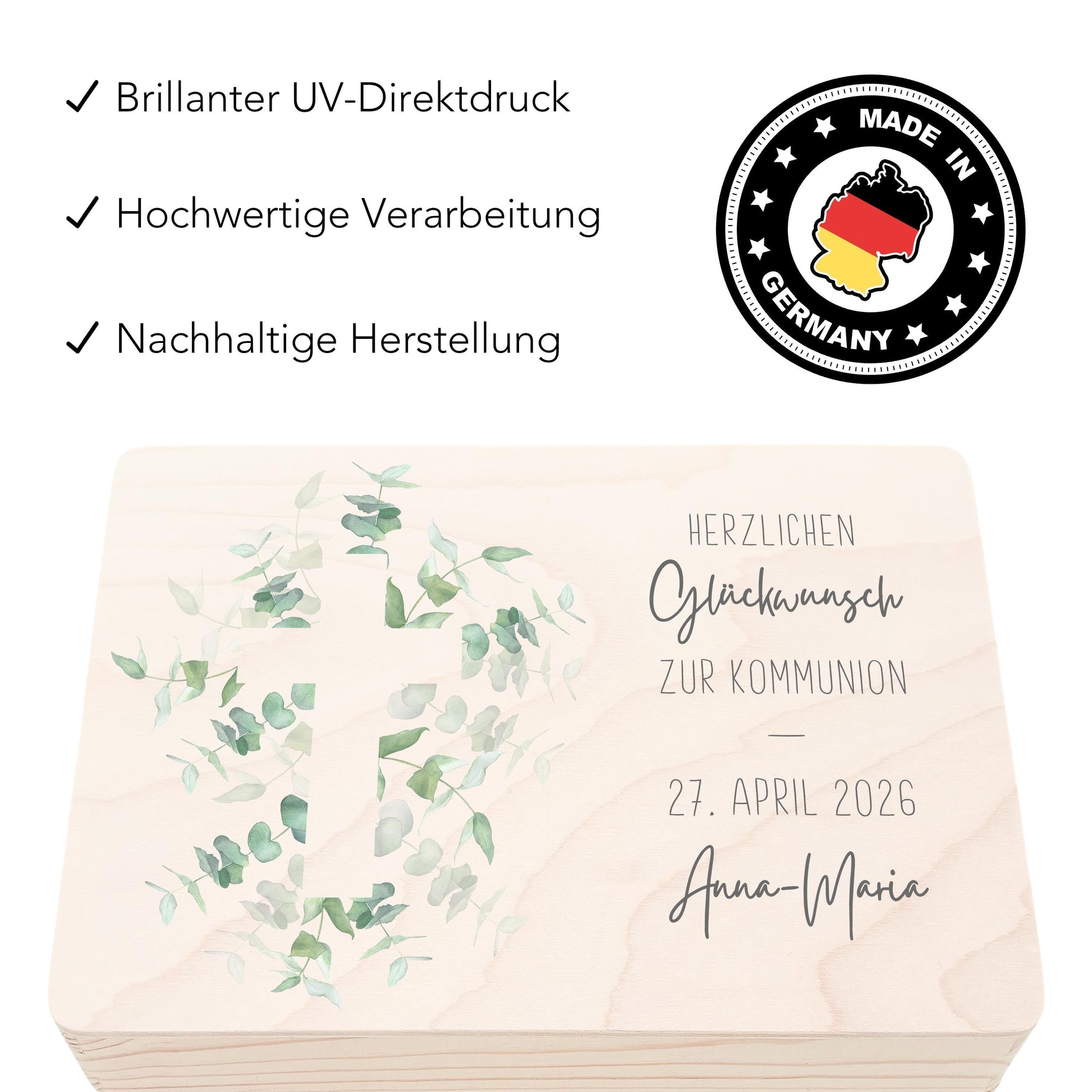 Erinnerungsbox Kommunion Erinnerungskiste Erstkommunion Mädchen Junge personalisierte Geschenk Holzkiste mit Deckel Holzbox 30x20x13 cm