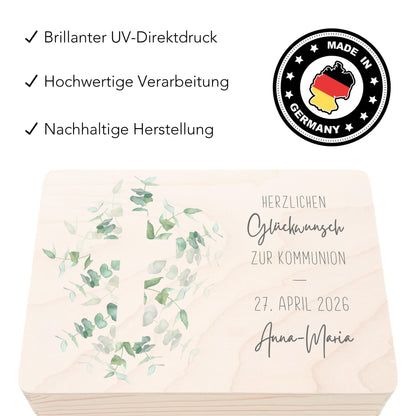 Erinnerungsbox Kommunion Erinnerungskiste Erstkommunion Mädchen Junge personalisierte Geschenk Holzkiste mit Deckel Holzbox 30x20x13 cm