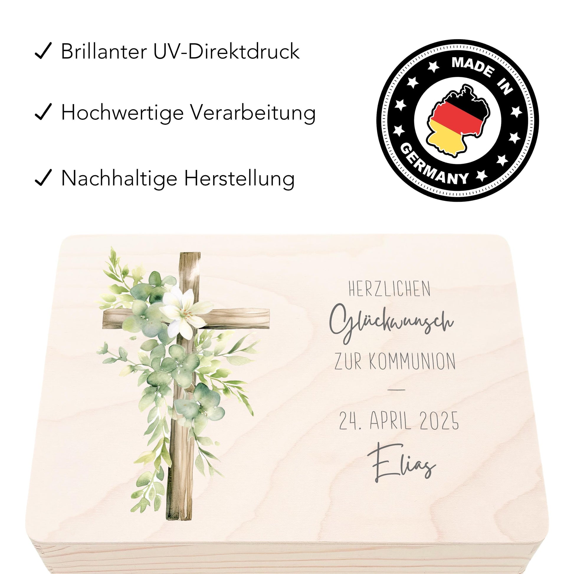 Erinnerungskiste Kommunion Erinnerungsbox Erstkommunion Mädchen Junge personalisierte Geschenk Holzkiste mit Deckel Holzbox 30x20x13 cm