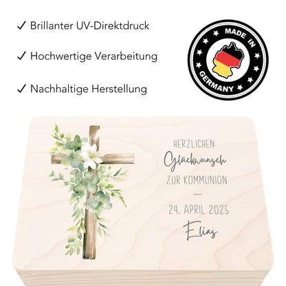 Erinnerungskiste Kommunion Erinnerungsbox Erstkommunion Mädchen Junge personalisierte Geschenk Holzkiste mit Deckel Holzbox 30x20x13 cm