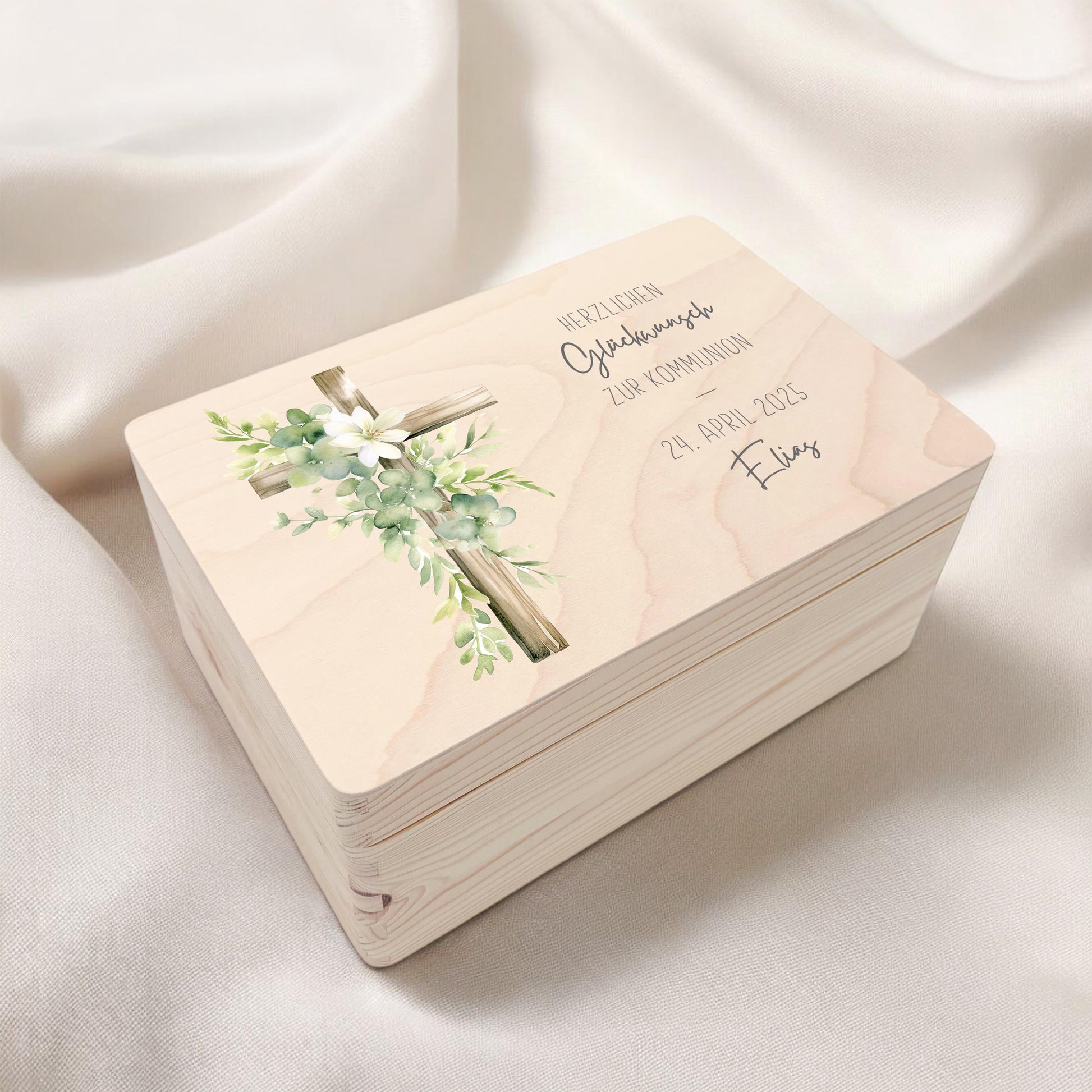 Erinnerungskiste Kommunion Erinnerungsbox Erstkommunion Mädchen Junge personalisierte Geschenk Holzkiste mit Deckel Holzbox 30x20x13 cm