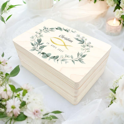 Erinnerungskiste Kommunion Geschenk personalisiert Erinnerungsbox Erstkommunion Mädchen Junge Holzkiste Holzbox 30x20x13 cm