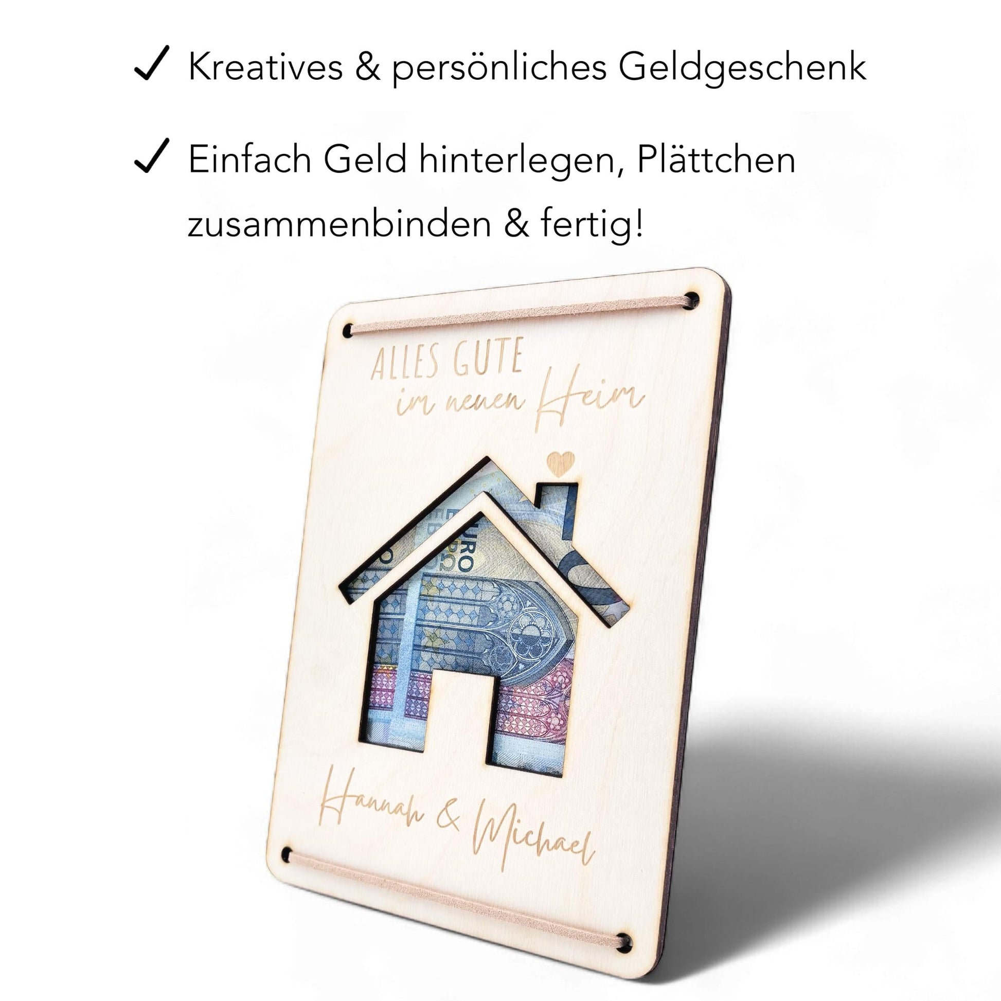 Geschenk Einzug Geldgeschenk personalisiertes Einweihungsgeschenk Haus Wohnung Geld Verpackung Einzugsgeschenk aus Holz 12x17 cm
