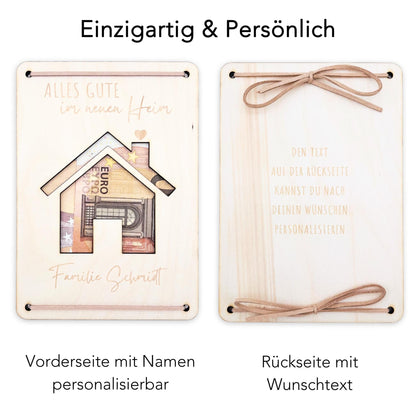 Geschenk Einzug Geldgeschenk personalisiertes Einweihungsgeschenk Haus Wohnung Geld Verpackung Einzugsgeschenk aus Holz 12x17 cm