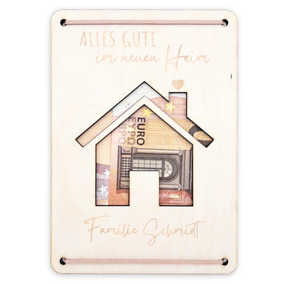 Geschenk Einzug Geldgeschenk personalisiertes Einweihungsgeschenk Haus Wohnung Geld Verpackung Einzugsgeschenk aus Holz 12x17 cm