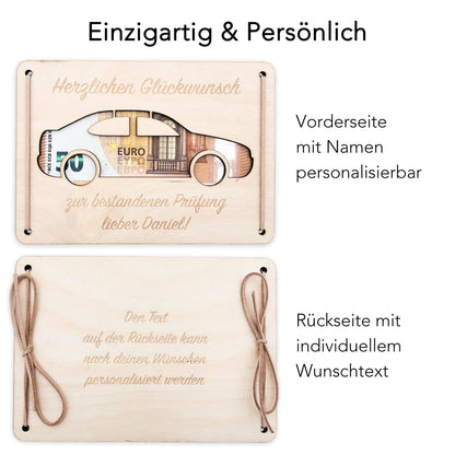 Führerschein bestanden Geschenk personalisierte Geldgeschenk Verpackung Autoführerschein bestanden Glückwunschkarte aus Holz 12x17 cm