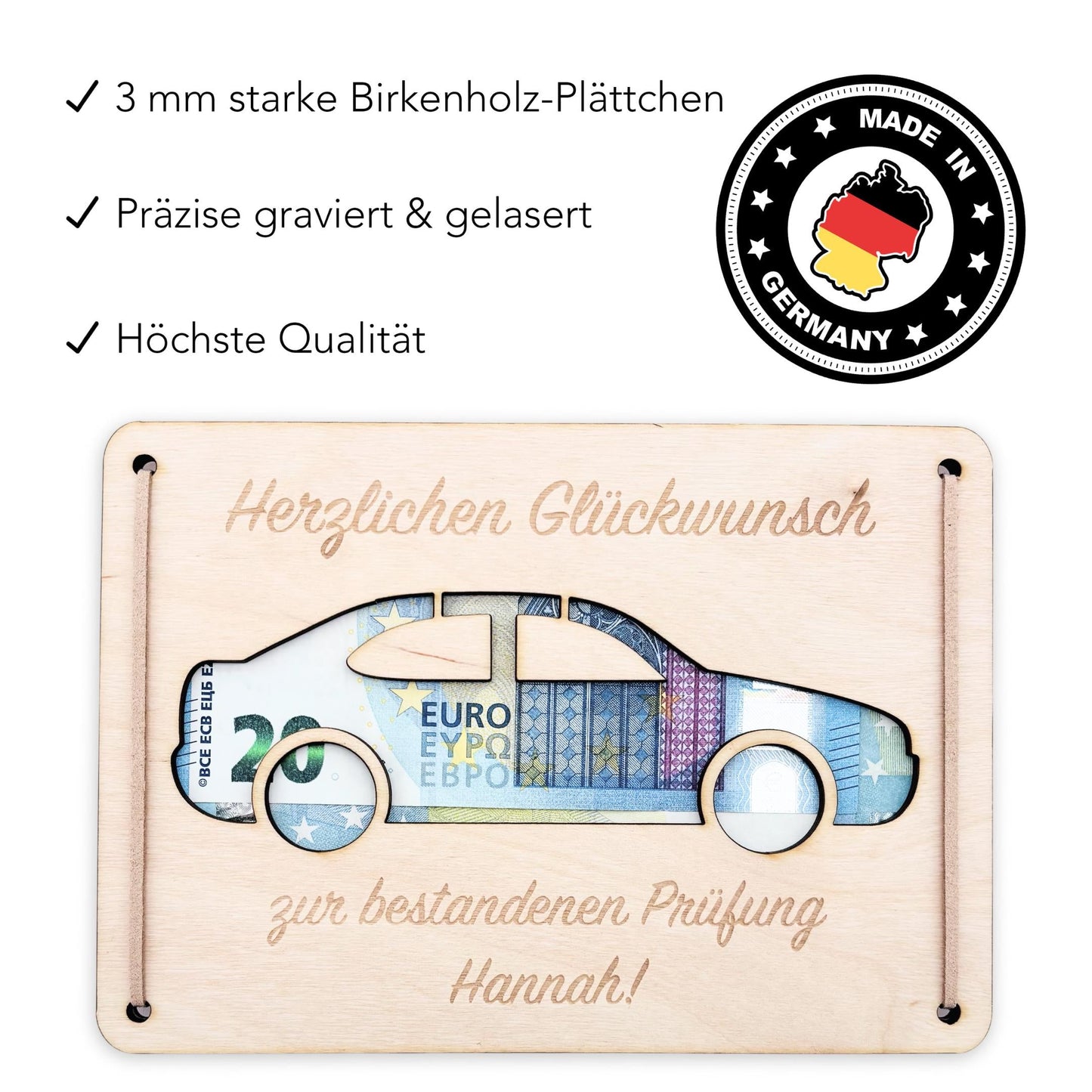 Führerschein bestanden Geschenk personalisierte Geldgeschenk Verpackung Autoführerschein bestanden Glückwunschkarte aus Holz 12x17 cm