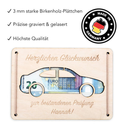 Führerschein bestanden Geschenk personalisierte Geldgeschenk Verpackung Autoführerschein bestanden Glückwunschkarte aus Holz 12x17 cm