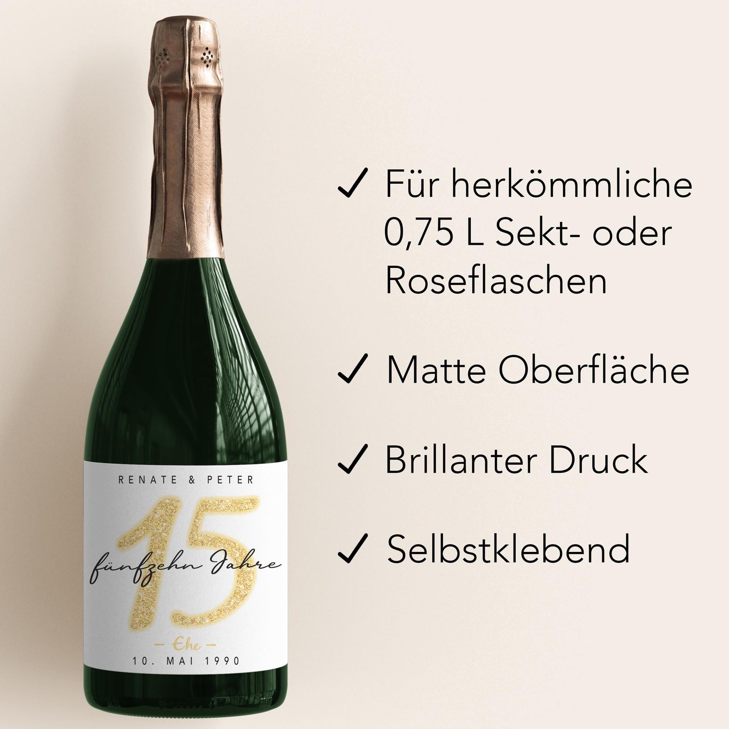 Geschenk Kristallhochzeit personalisierte Flaschenetiketten Hochzeitstag Hochzeit Jubiläum 15 Jahre Etiketten Sektflasche 2 Stk. | 9x13 cm