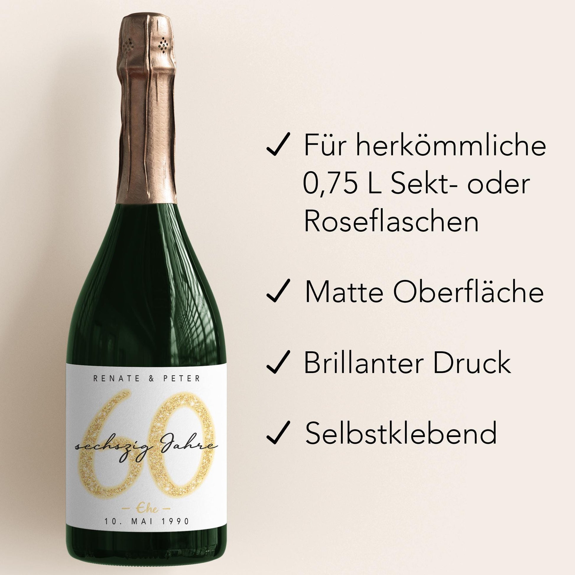 Geschenk Diamantene Hochzeit personalisierte Flaschenetiketten Hochzeitstag Hochzeit Jubiläum 60 Jahre Etiketten Sekt 2 Stk. | 9x13 cm