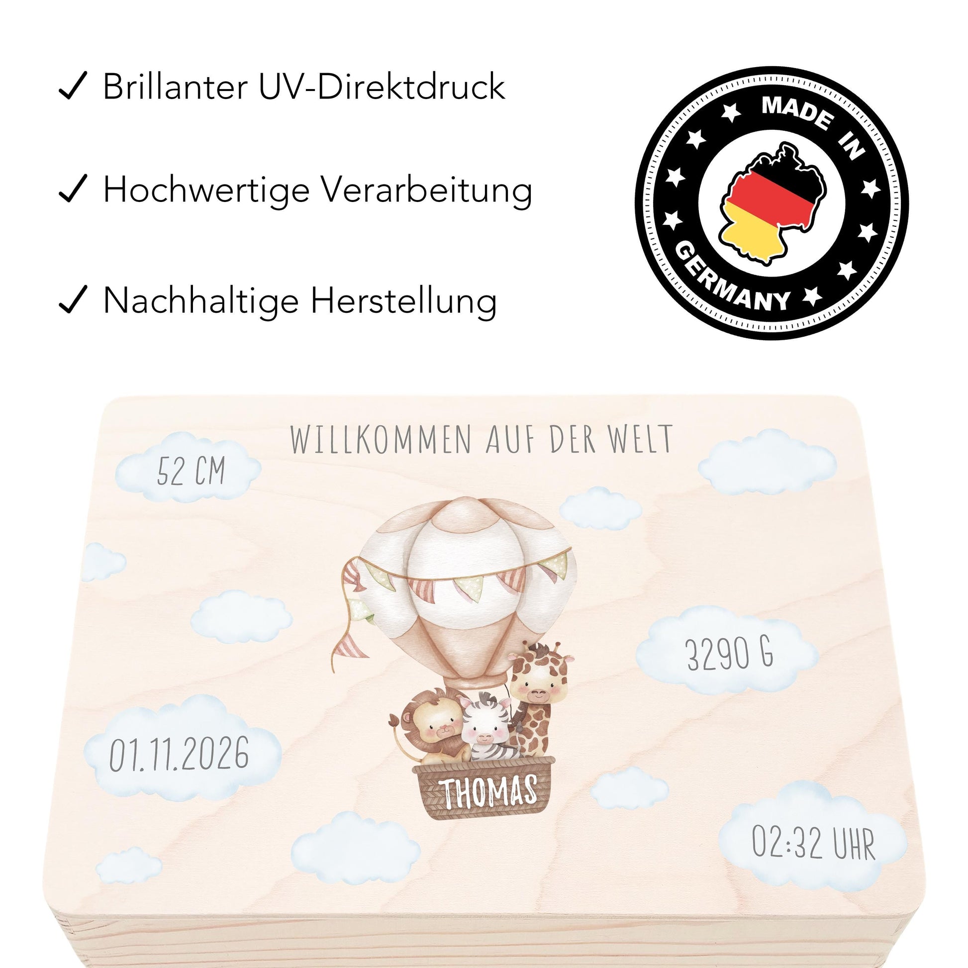 Erinnerungskiste Baby Holzkiste personalisierte Erinnerungsbox Mädchen Junge Geschenk Geburt Geburtsgeschenk 30x20x13 cm