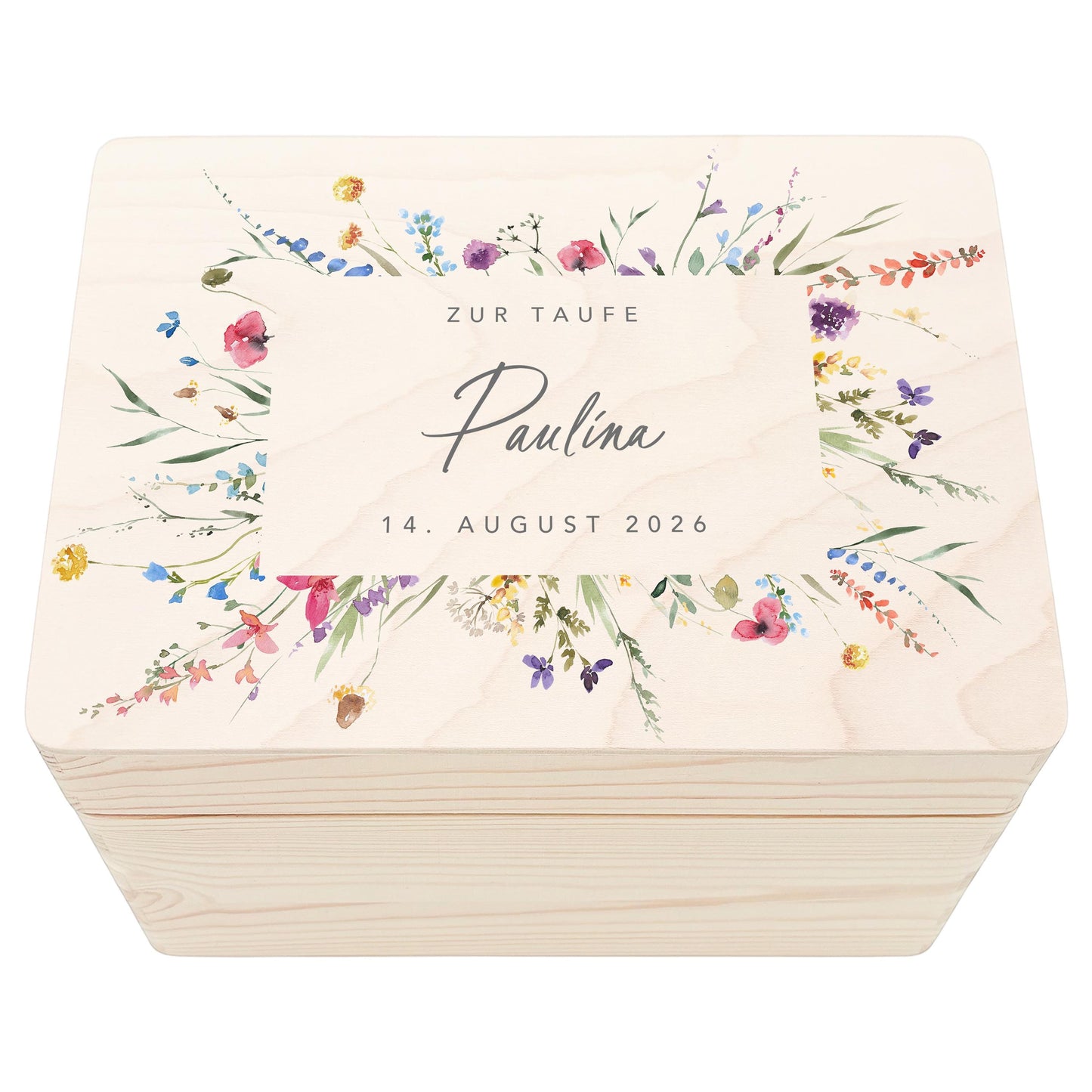 Erinnerungskiste Taufe Geschenk personalisiertes Taufgeschenk Mädchen Wildblumen Taufbox Holzkiste mit Deckel Holzbox 30x20x13 cm